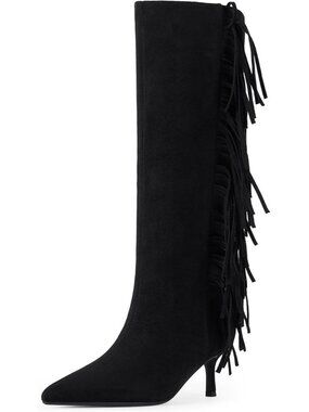 Women's Knee High Boots Kitten Heels Boots Pointed Toe Long Boot Suede Black
